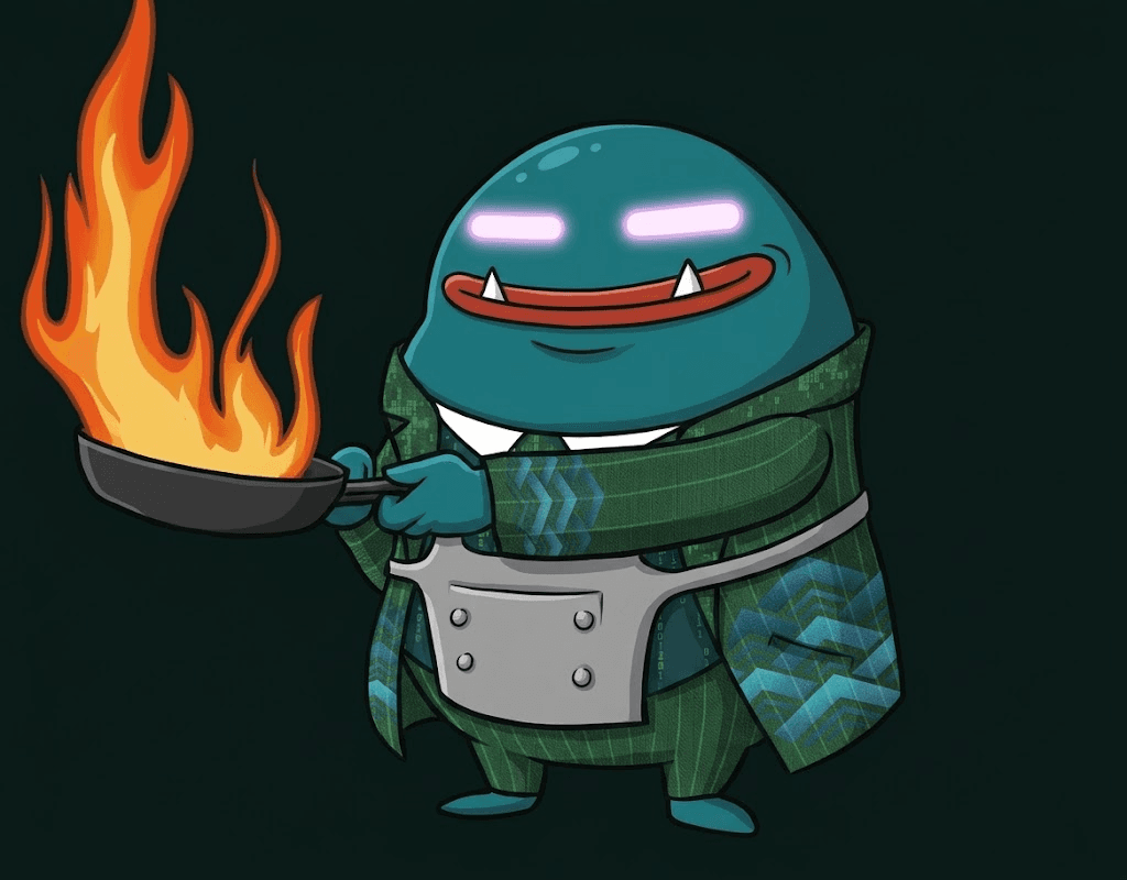 Elyziuma token mascot holding a flaming pan